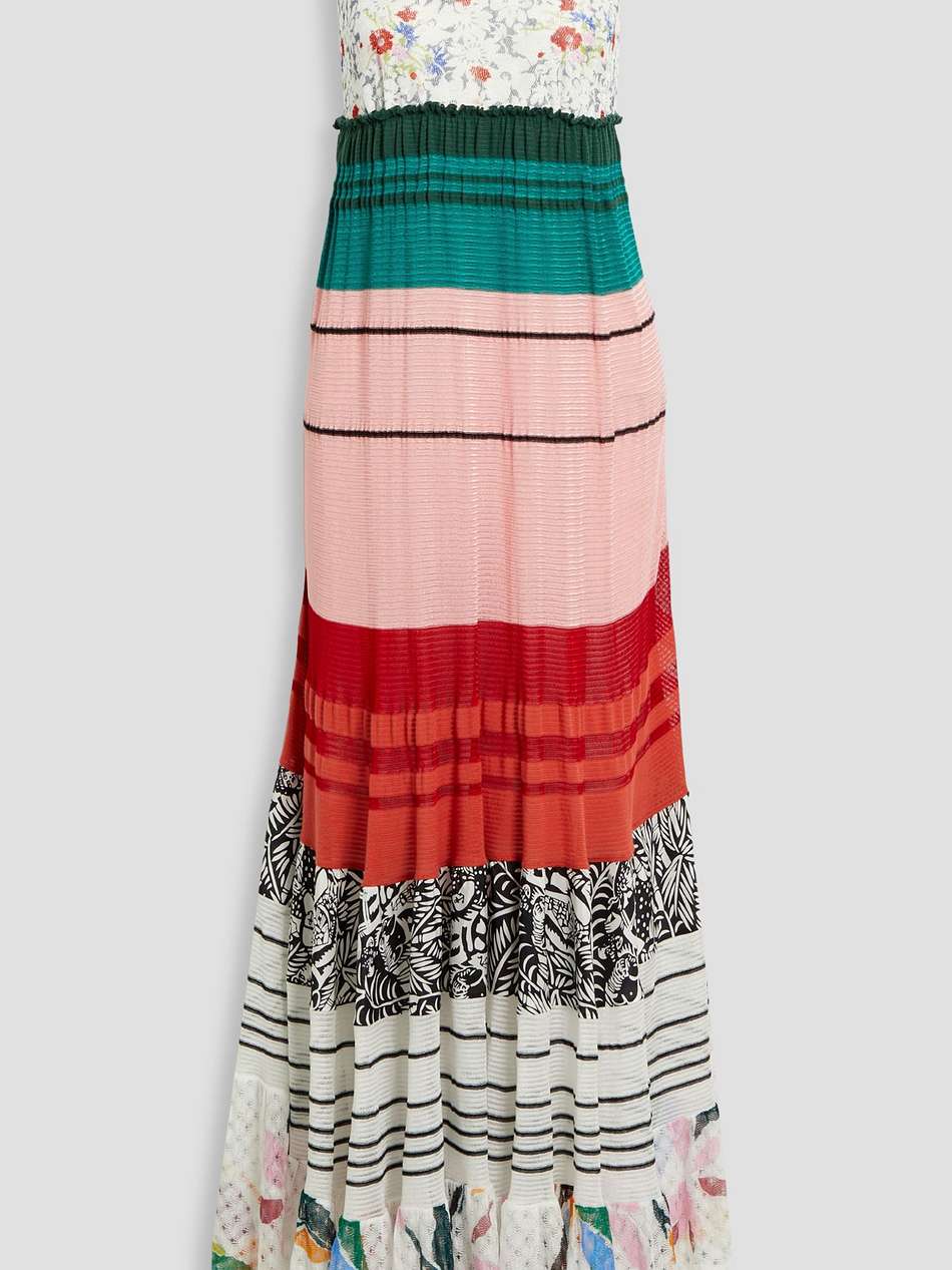 tiered printed crochet-knit maxi dress