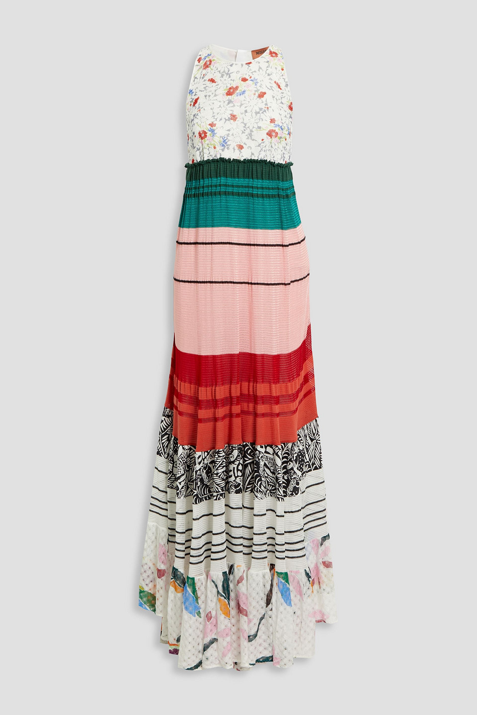 Tiered printed crochet-knit maxi dress