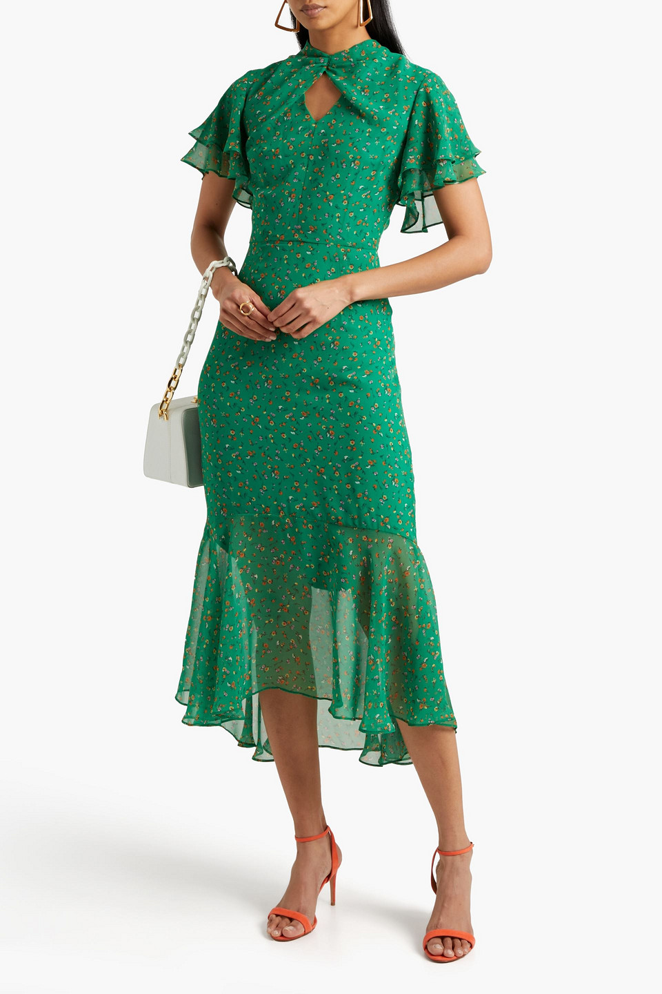 Mikael Aghal Ruffled Floral-print Chiffon Midi Dress In Green