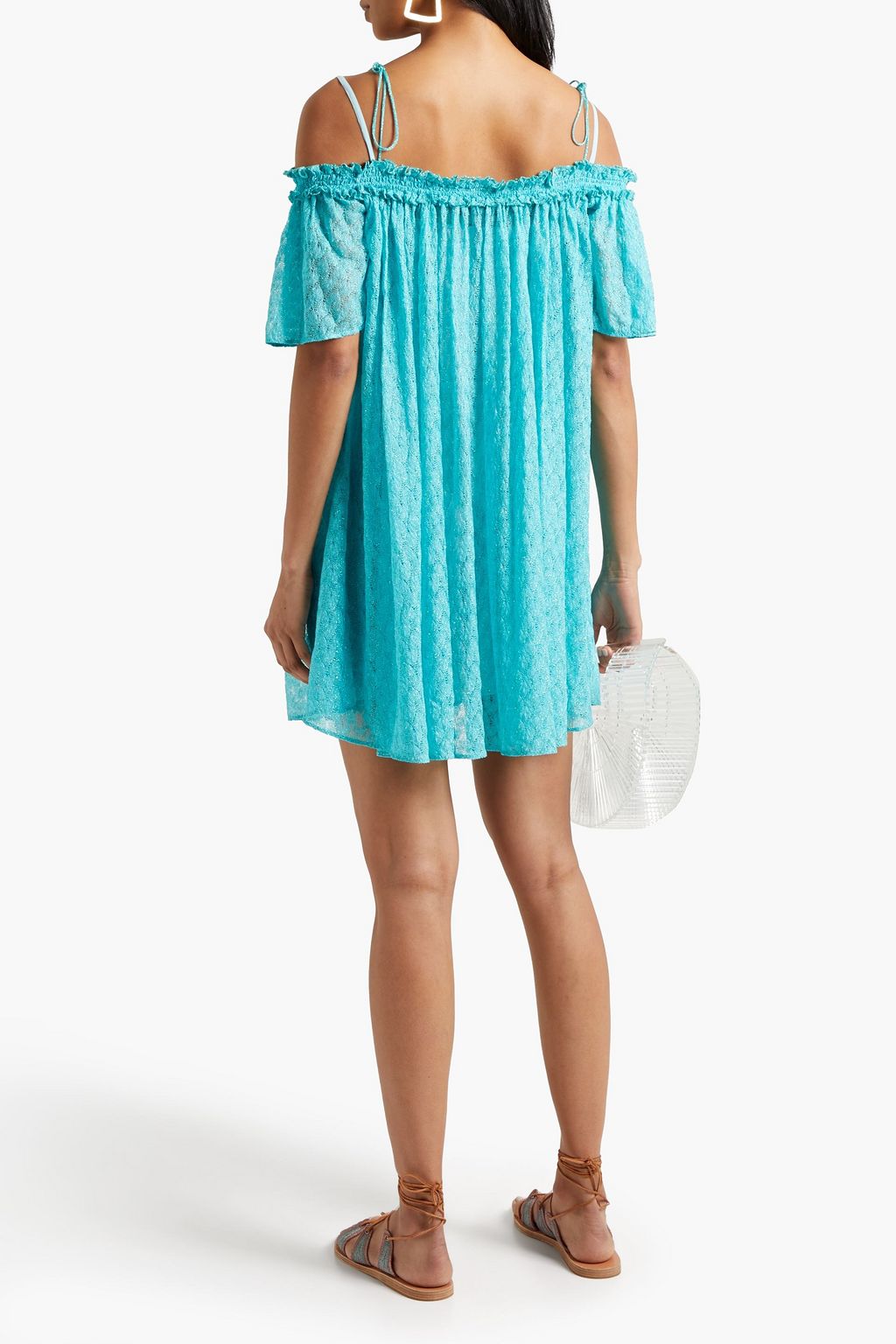 MISSONI Cold-shoulder metallic crochet-knit mini dress