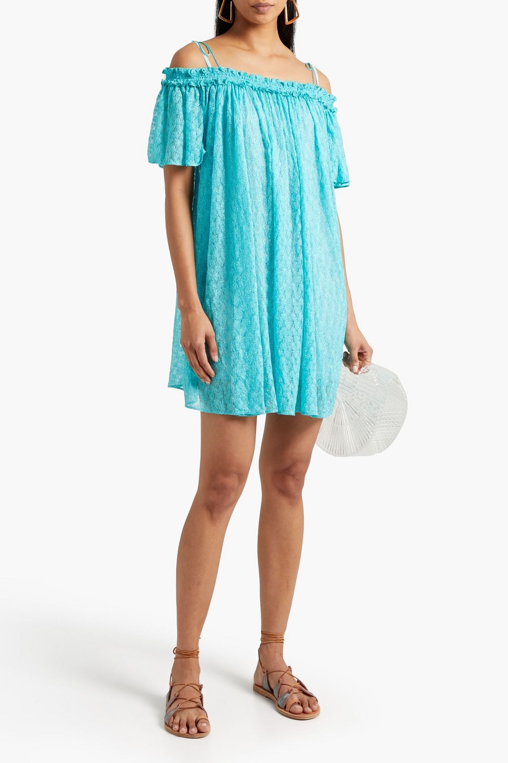 MISSONI Cold-shoulder metallic crochet-knit mini dress