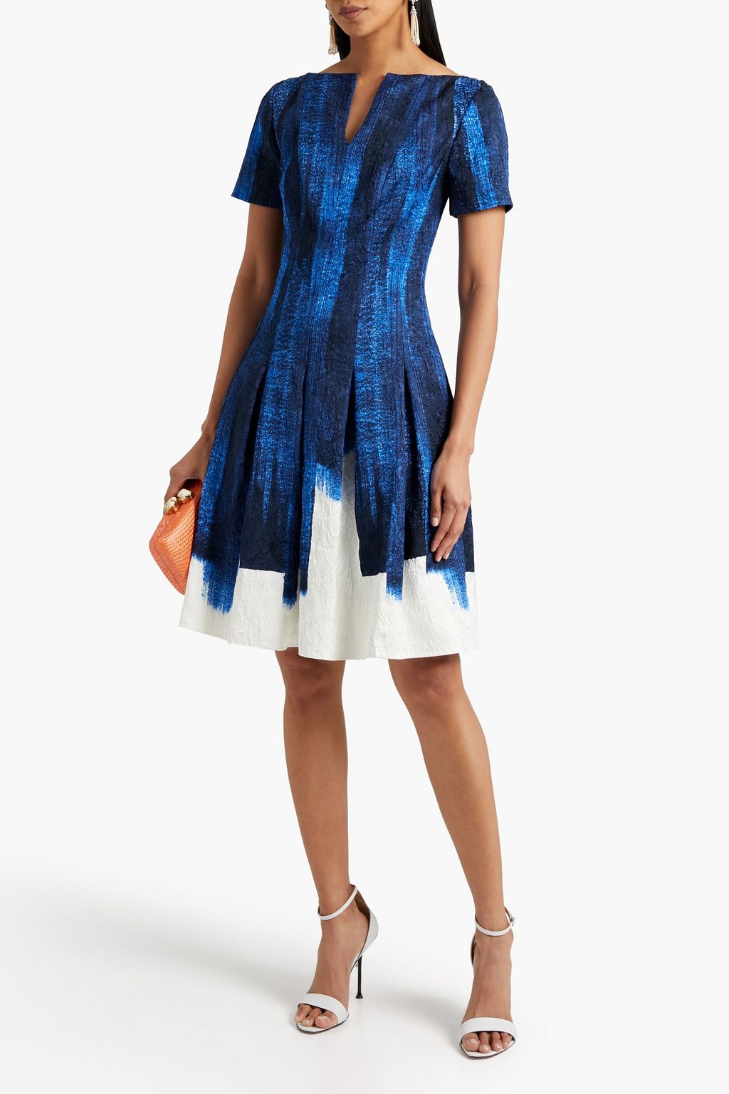 OSCAR DE LA RENTA Pleated printed cotton-blend cloqué dress