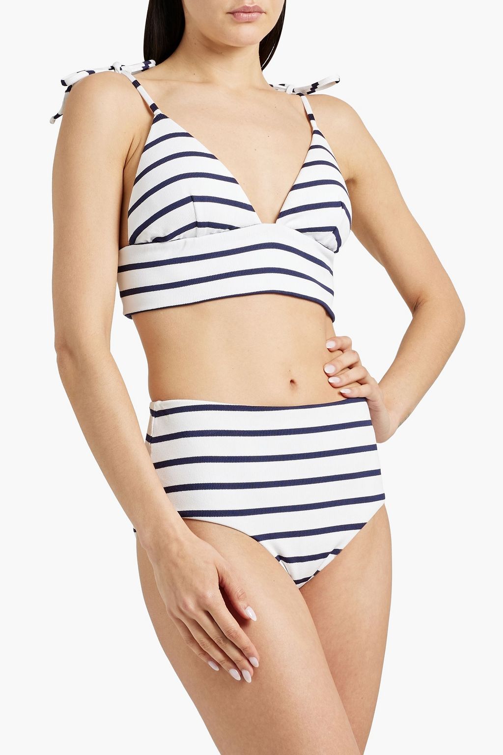 EBERJEY Dawn bow-detailed striped ribbed bikini top