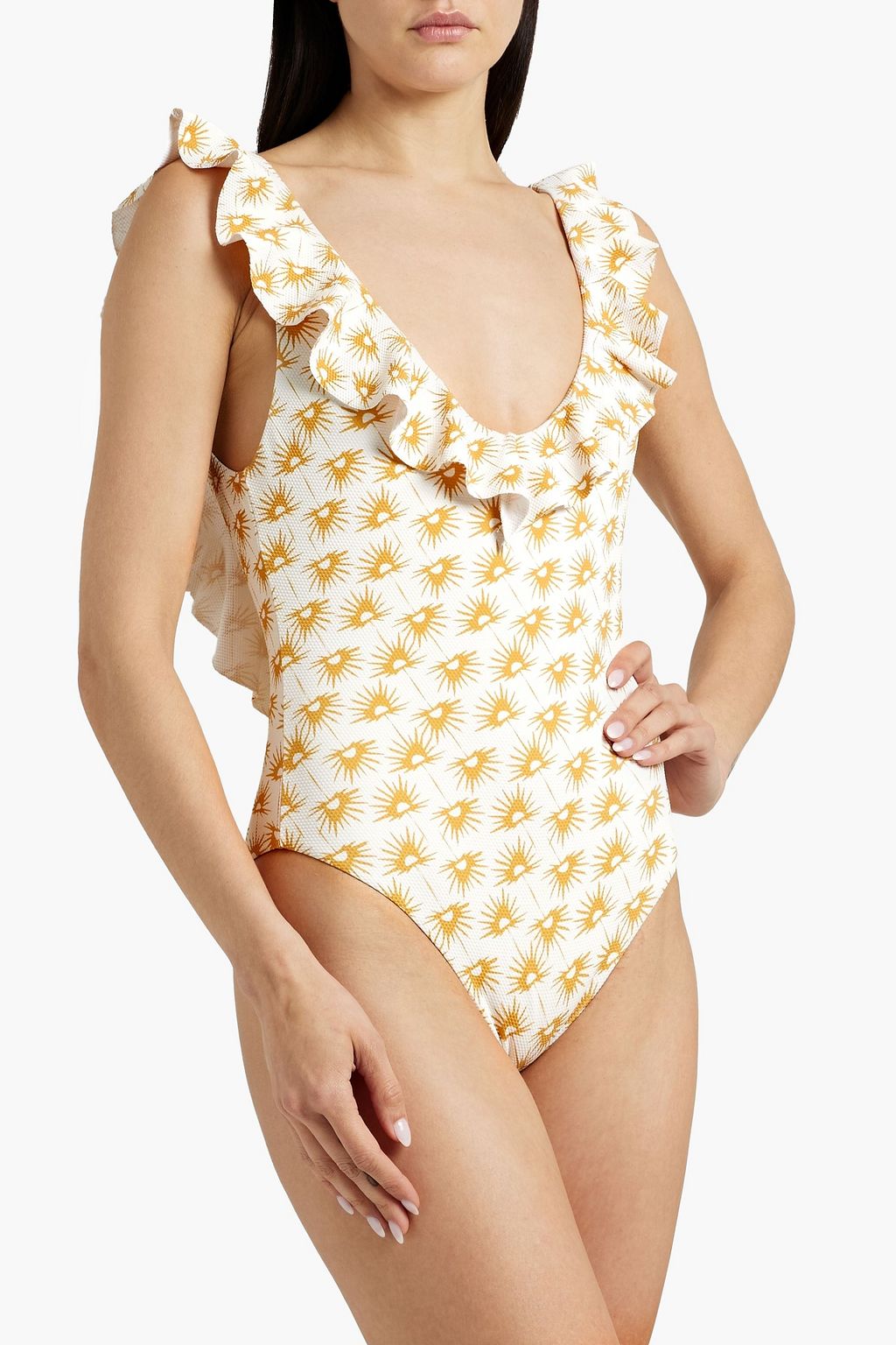 EBERJEY Loreta ruffled printed swimsuit
