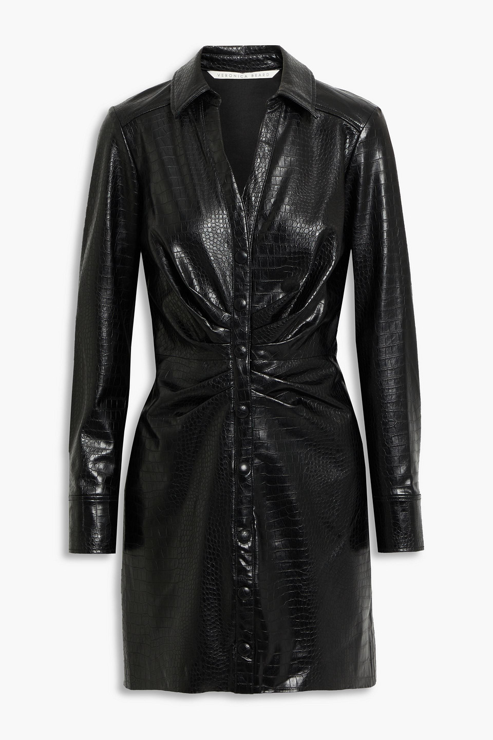 Veronica Beard Echo Gathered Faux Croc-effect Leather Mini Dress In Black