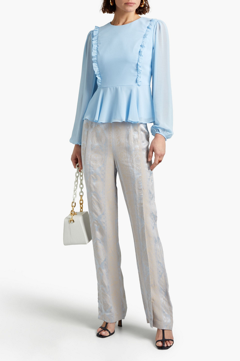 Mikael Aghal Ruffled Chiffon Peplum Blouse In Light Blue