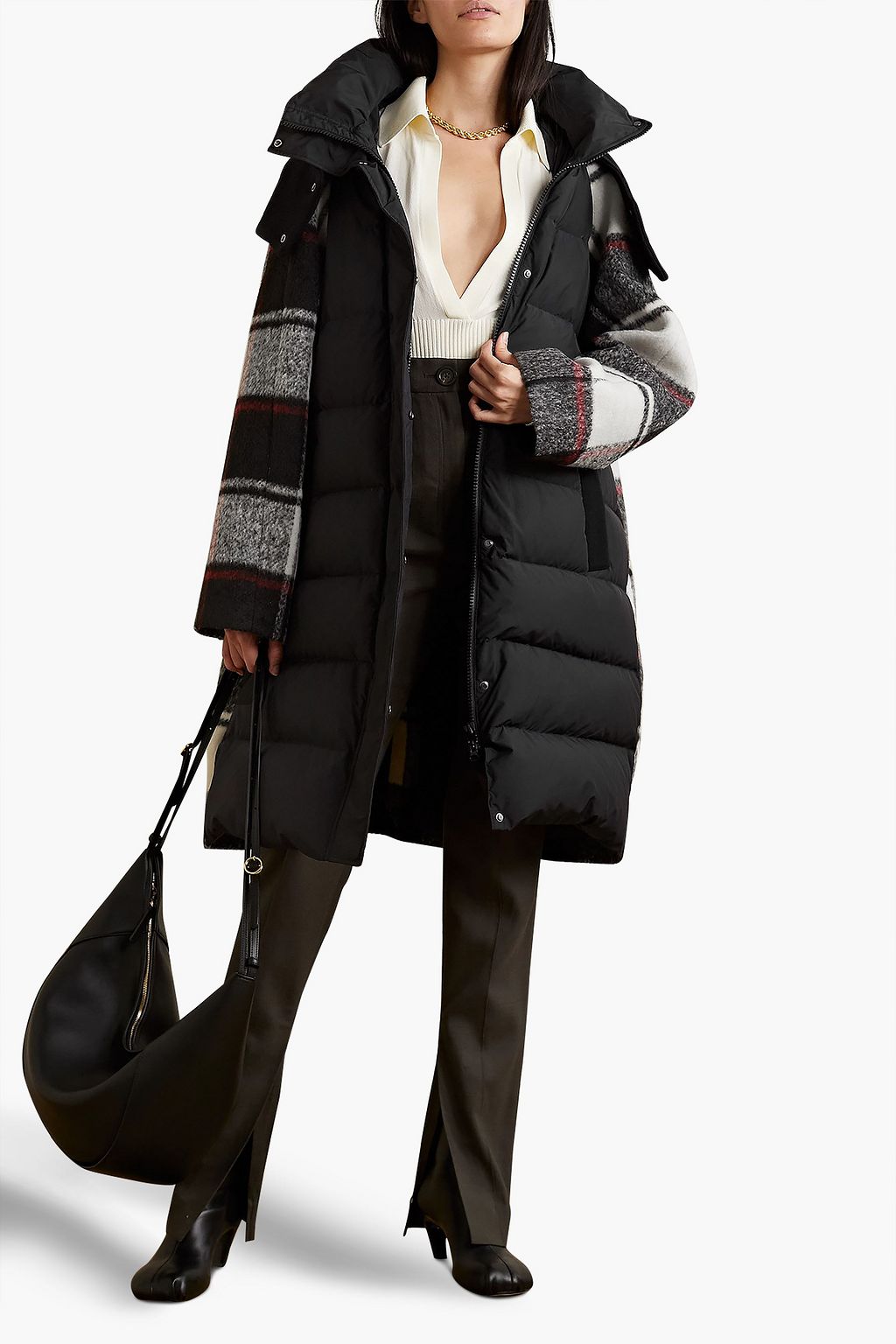 JASON WU Shell-paneled checked wool and cashmere-blend down hooded coat