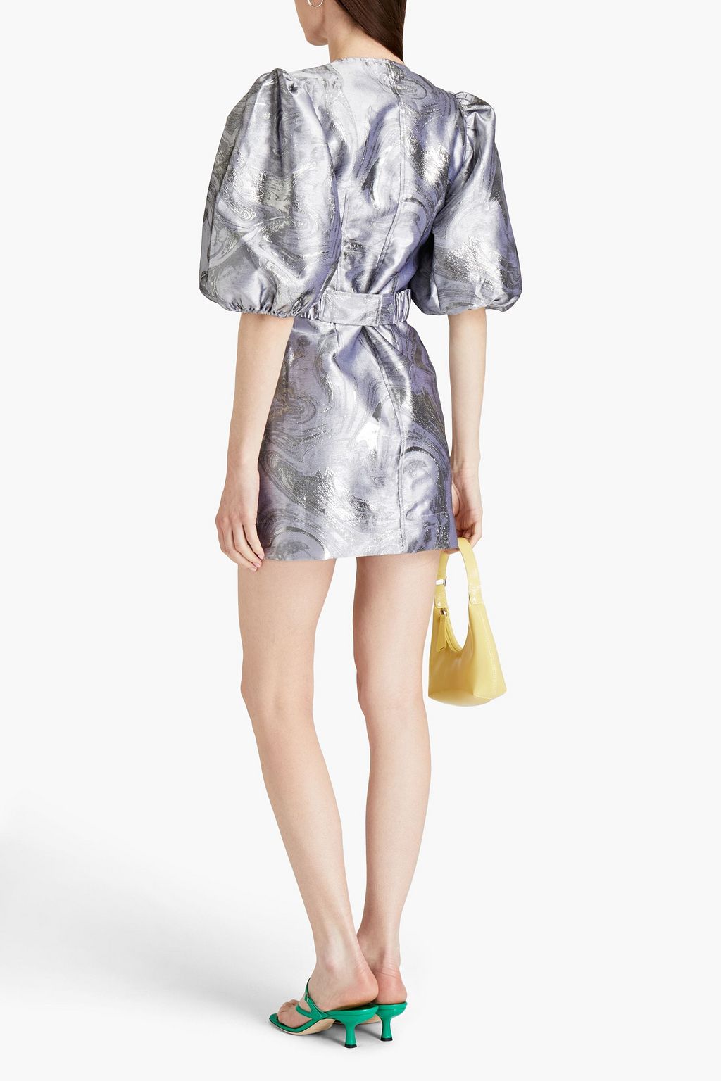 GANNI Gathered metallic jacquard mini wrap dress