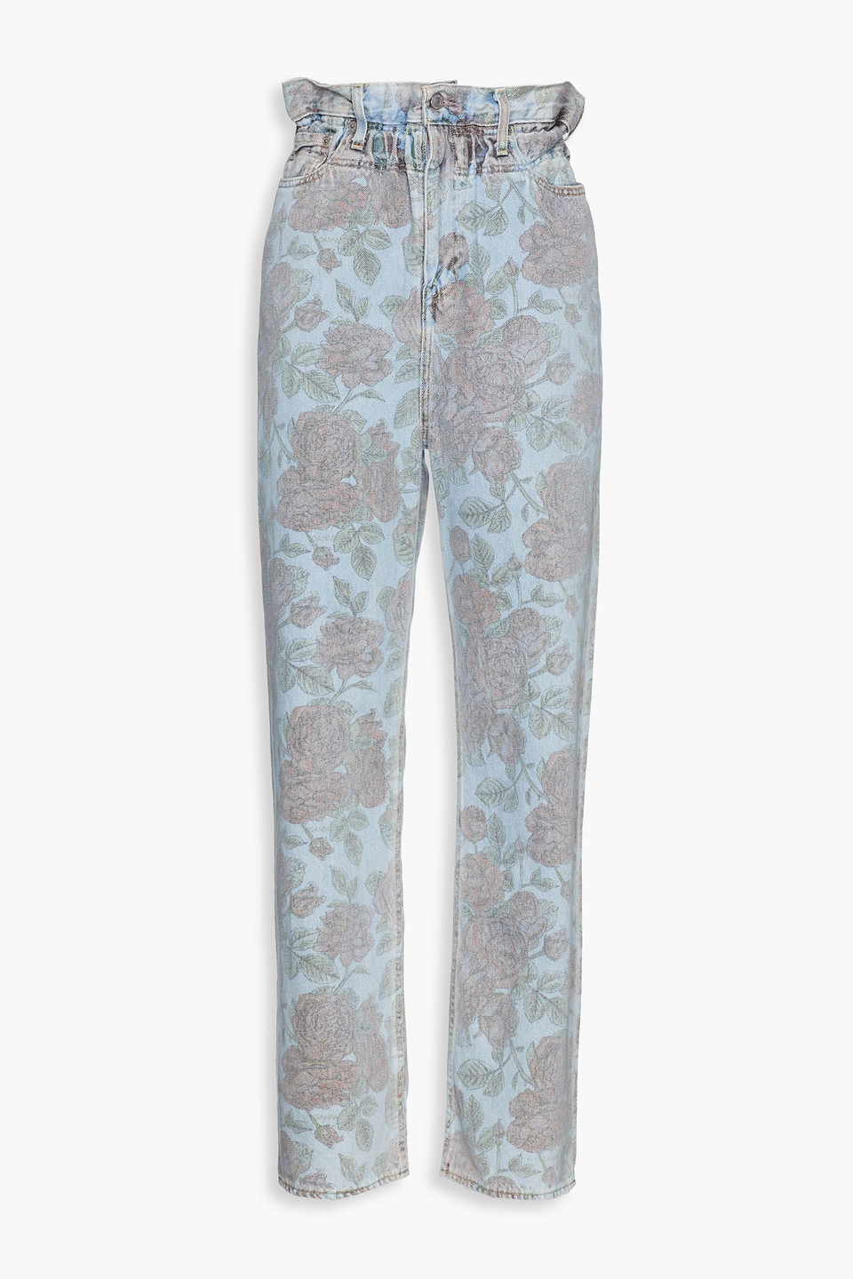 ganni - gathered floral-print high-rise jeans - blue - 26w/ 31l