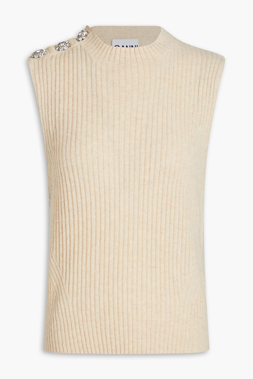 ganni - crystal-embellished mélange ribbed wool-blend vest - neutral - m