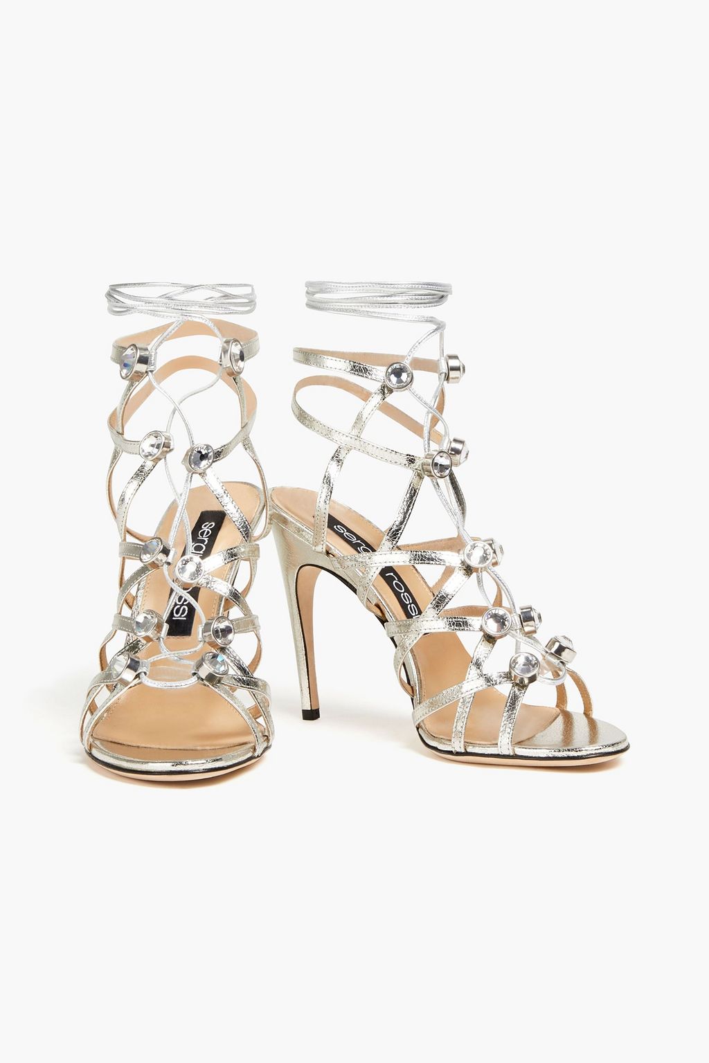 SERGIO ROSSI Crystal-embellished metallic cracked-leather sandals