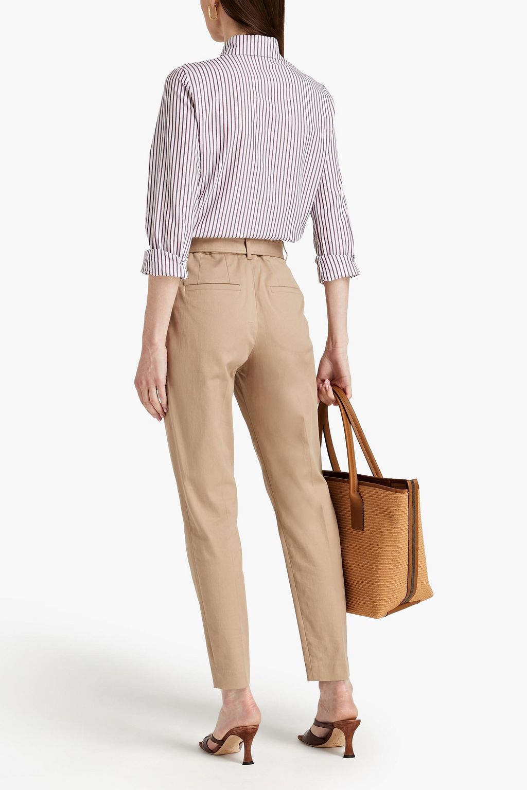 BRUNELLO CUCINELLI Bead-embellished belted cotton-blend twill tapered pants