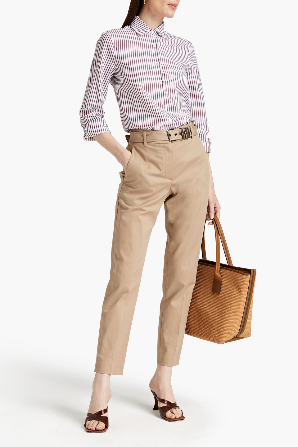 Brunello Cucinelli Bead-embellished Belted Cotton-blend Twill Pants In Sand