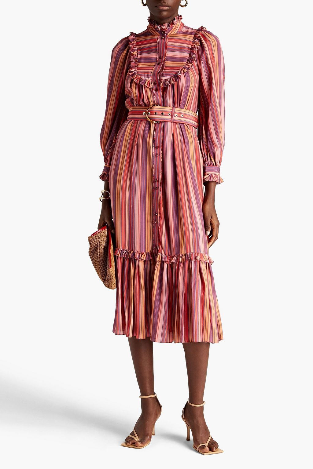 ZIMMERMANN Ruffled striped crepe de chine midi shirt dress