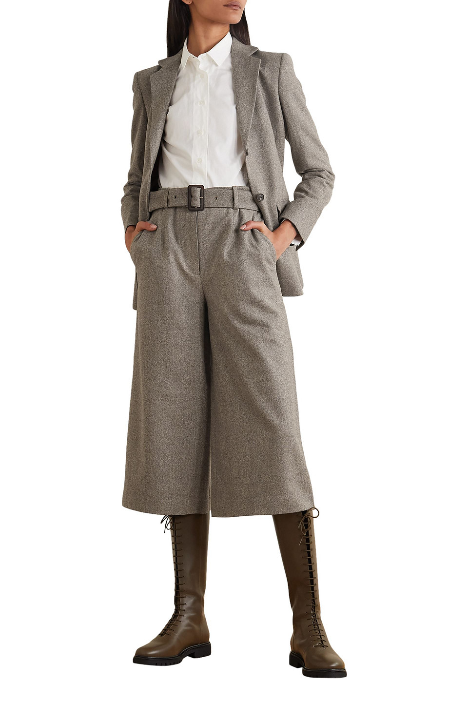 Purdey Belted Herringbone Wool Culottes In Mushroom
