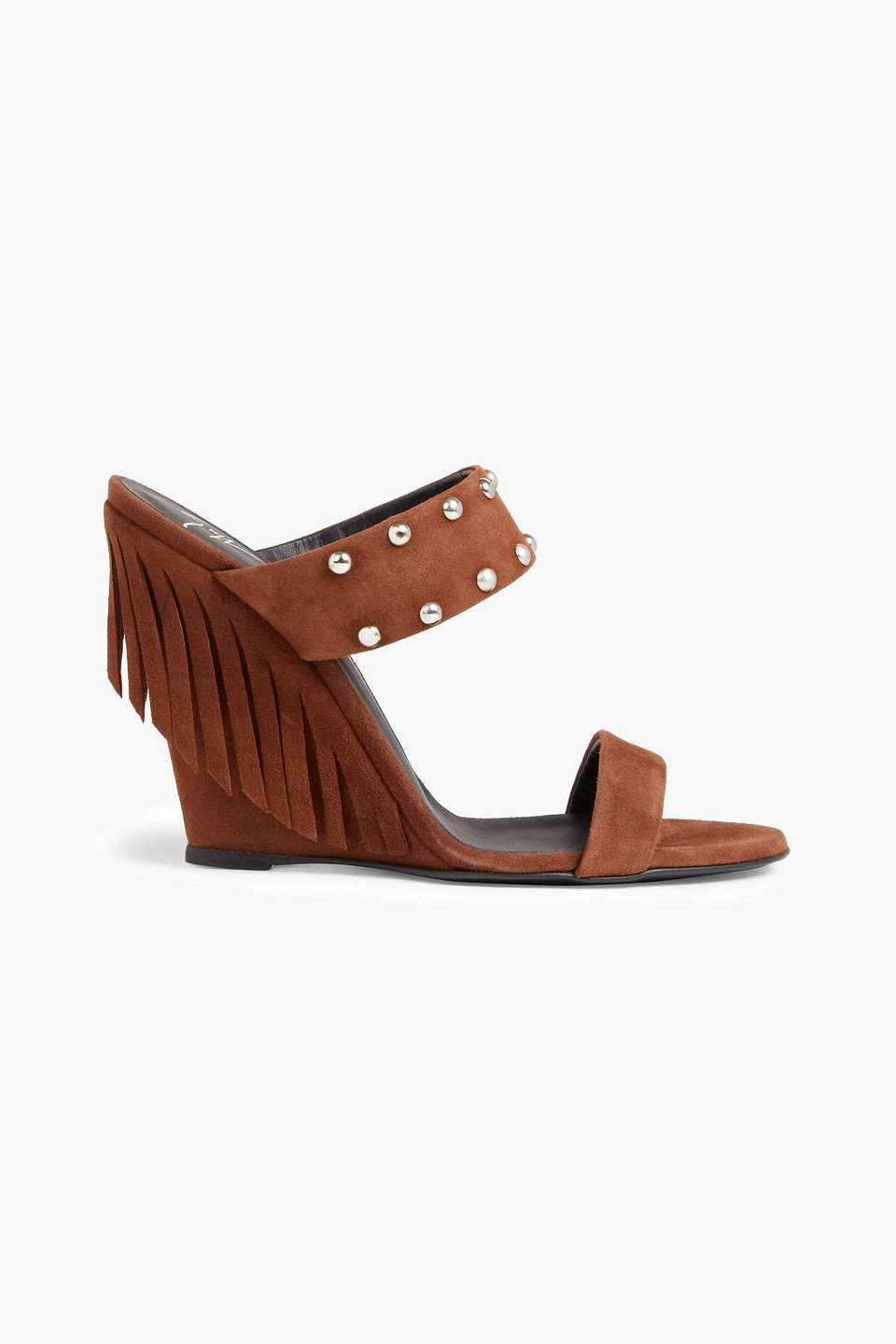 Fringed studded suede wedge mules
