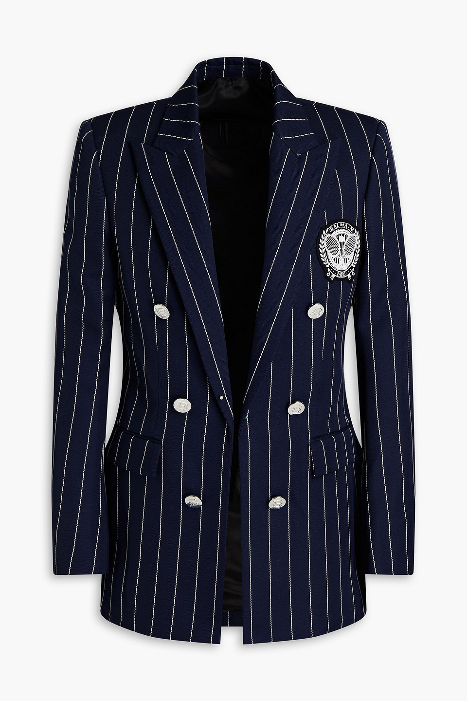 Balmain Double-breasted Appliquéd Striped Wool-twill Blazer In Blue