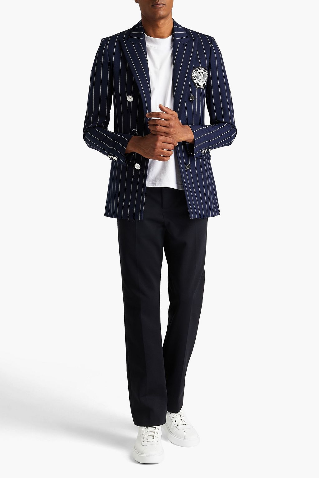BALMAIN Double-breasted appliquéd striped wool-twill blazer