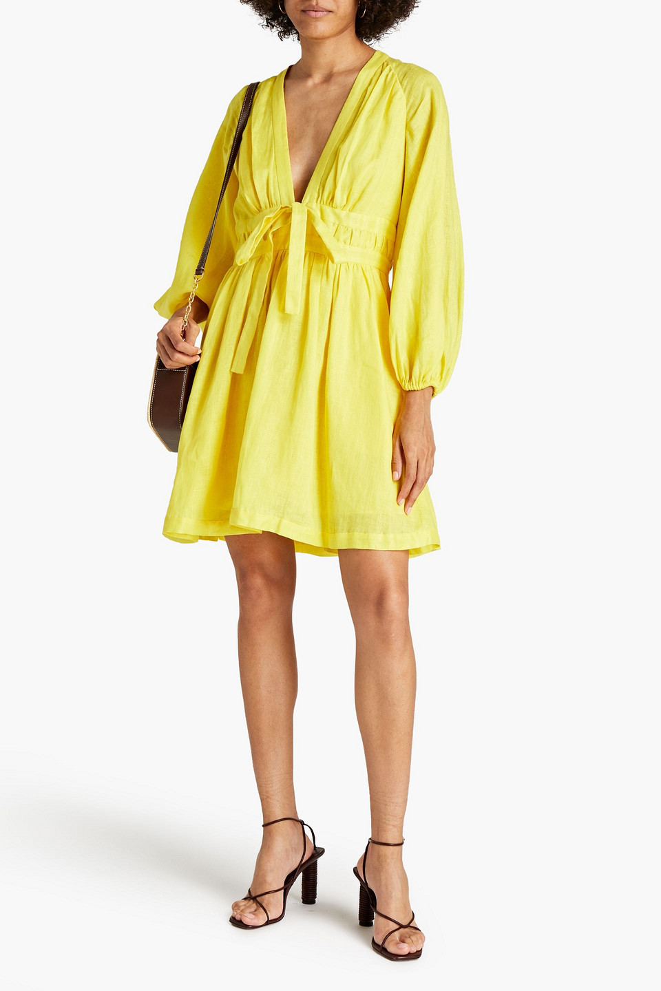 Zimmermann Shelly Bow-detailed Gathered Slub Linen Mini Dress In Yellow