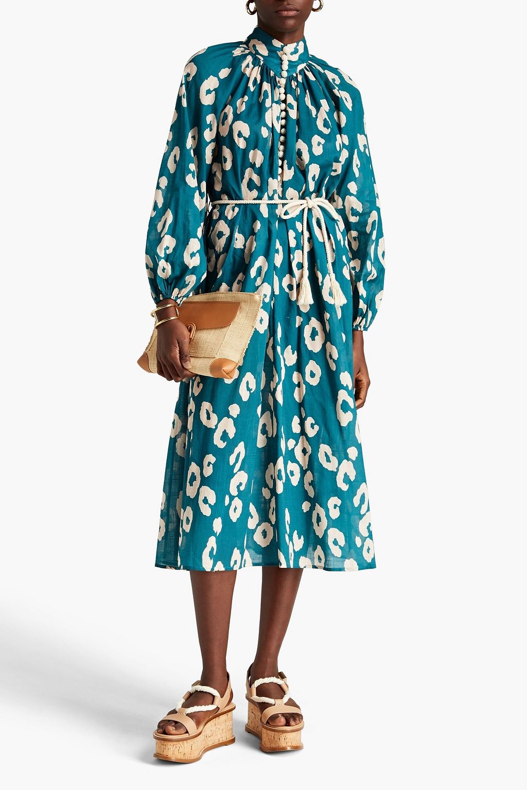ZIMMERMANN Gathered leopard-print cotton midi shirt dress