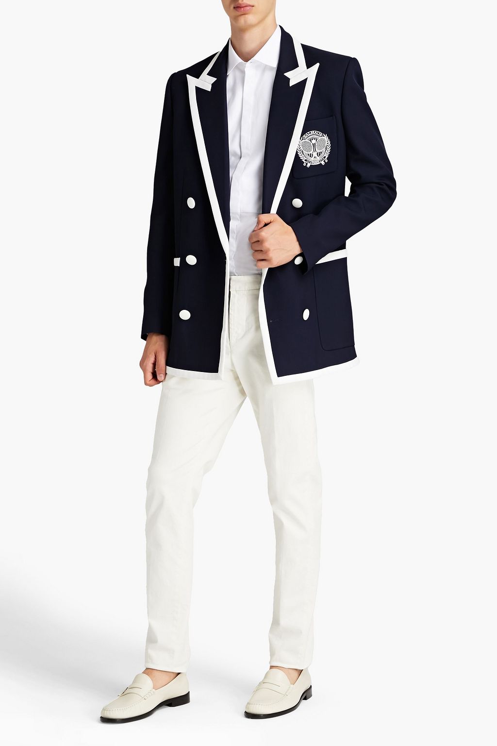 BALMAIN Doppelreihiger, zweifarbiger Blazer aus Woll-Gabardine