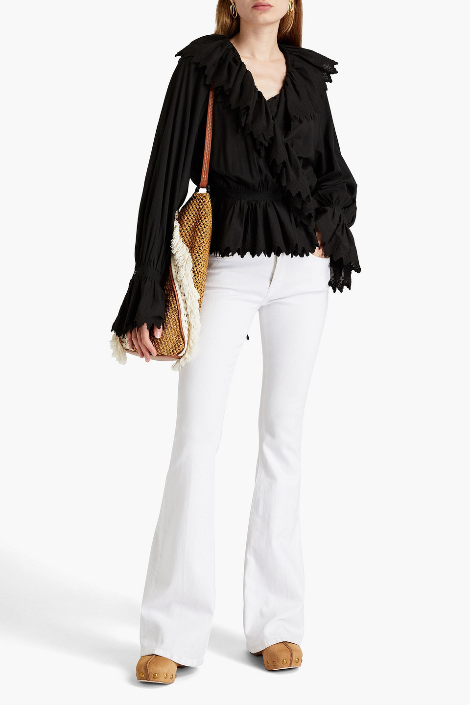 Etro Broderie Anglaise-trimmed Cotton Wrap Blouse In Black