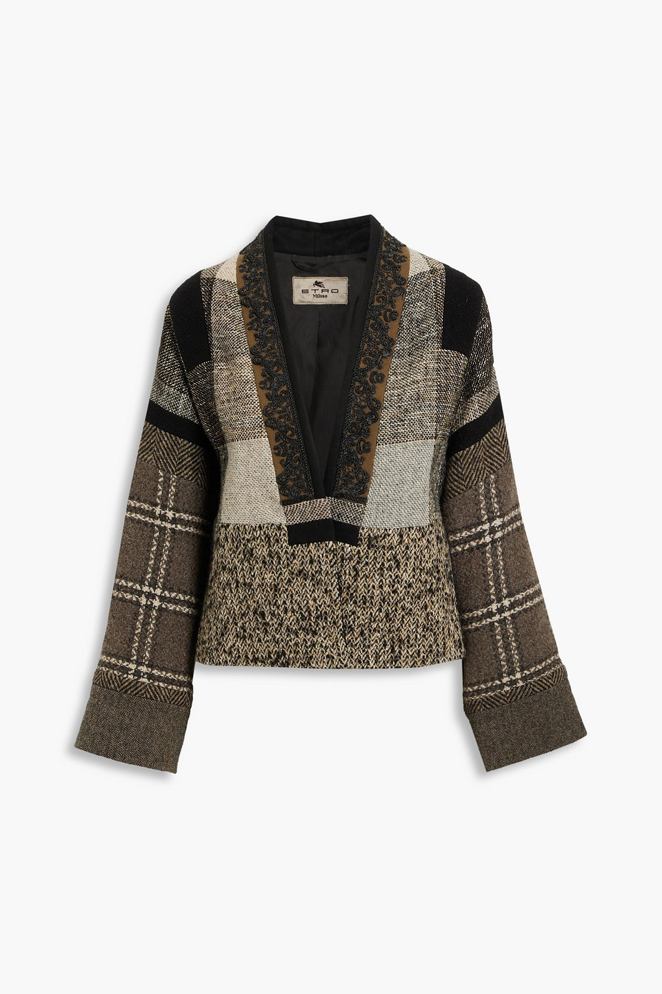 Etro Embroidered Patchwork Wool-blend Jacket In Black