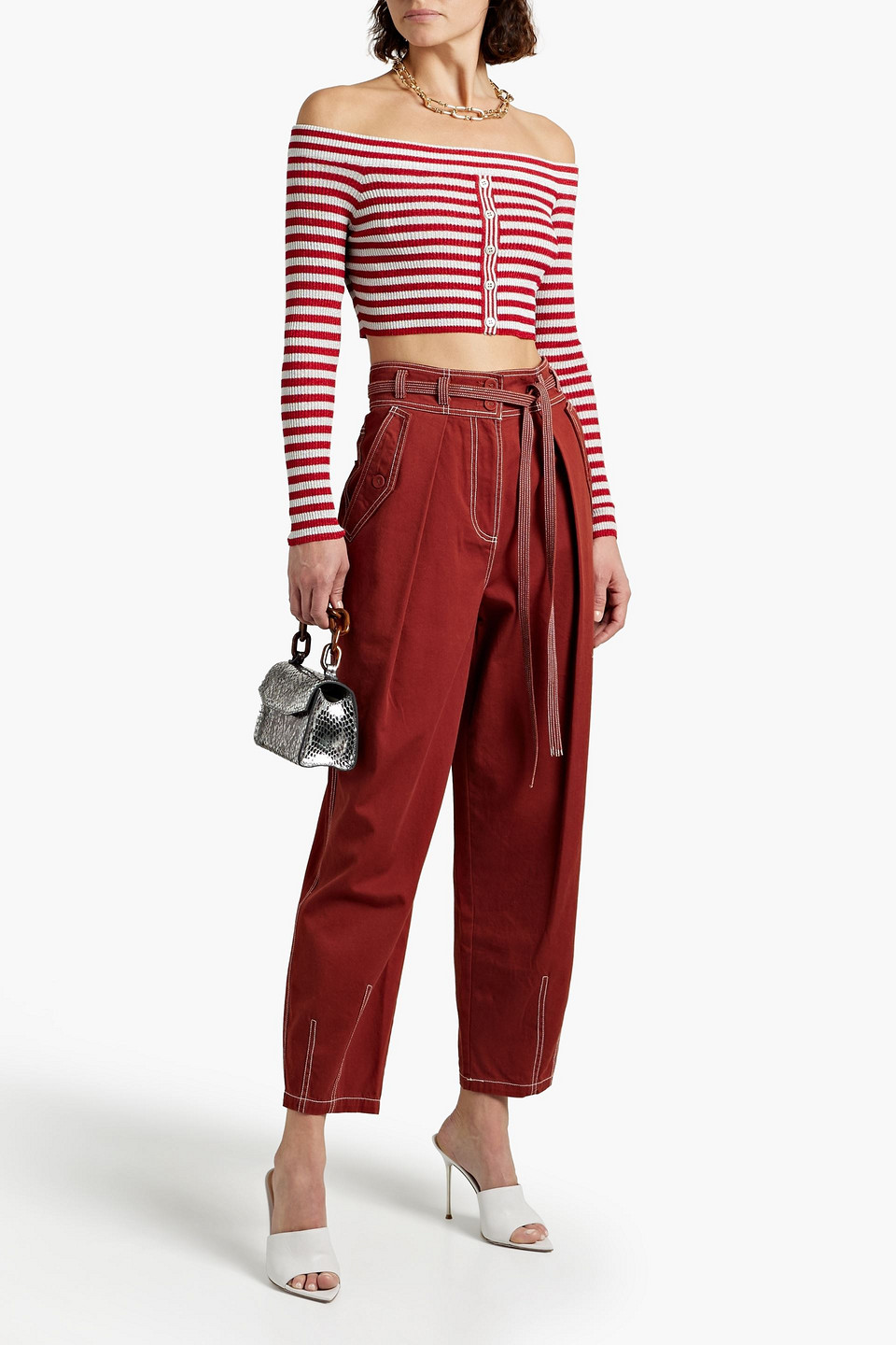 Missoni Off-the-shoulder Metallic Striped Ribbed-knit Top In Red