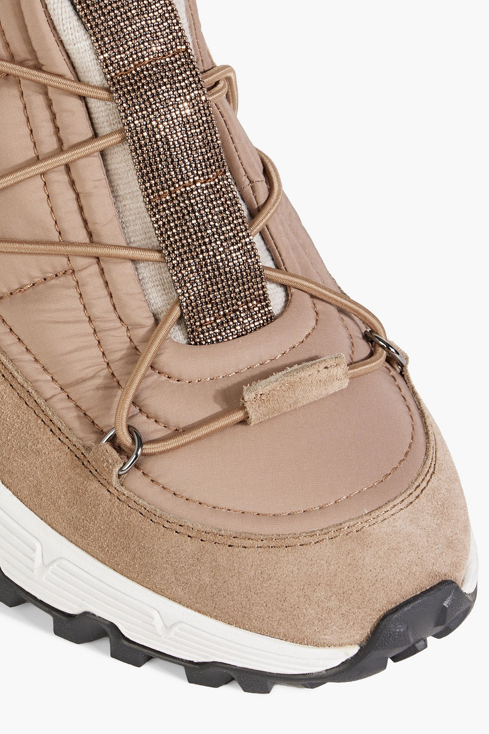 Brunello Cucinelli Bead-embellished Shell And Suede Sneakers In Light Brown
