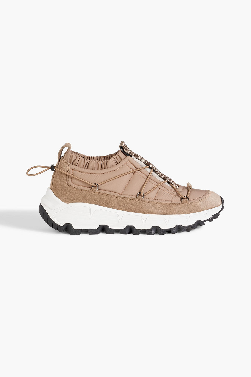 Brunello Cucinelli Bead-embellished Shell And Suede Sneakers In Light Brown