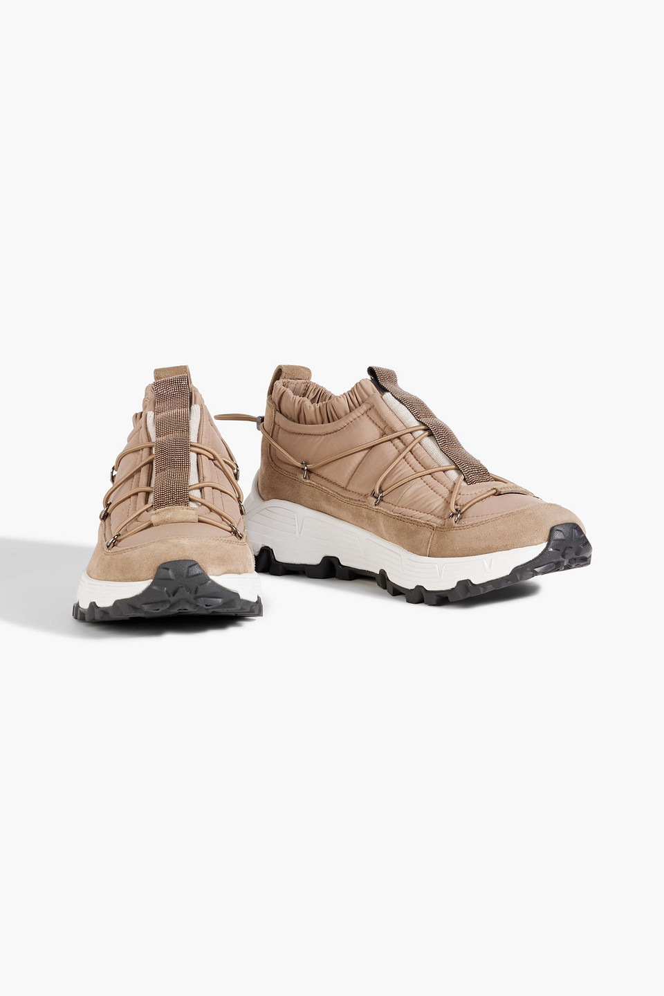 Brunello Cucinelli Bead-embellished Shell And Suede Sneakers In Light Brown