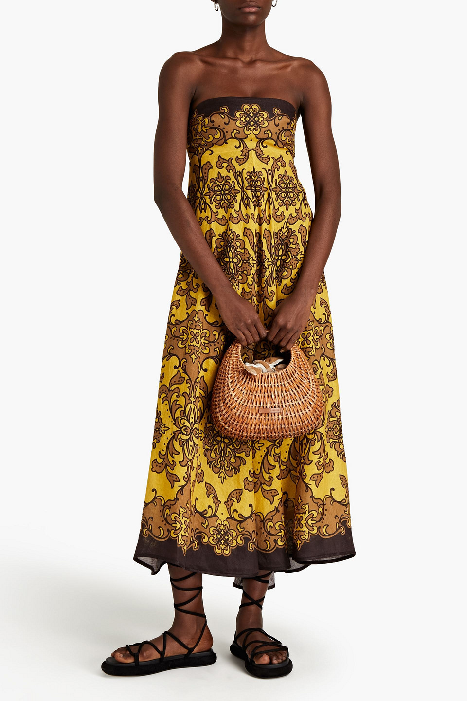 Zimmermann Nina Strapless Shirred Printed Linen-gauze Midi Dress In Mustard