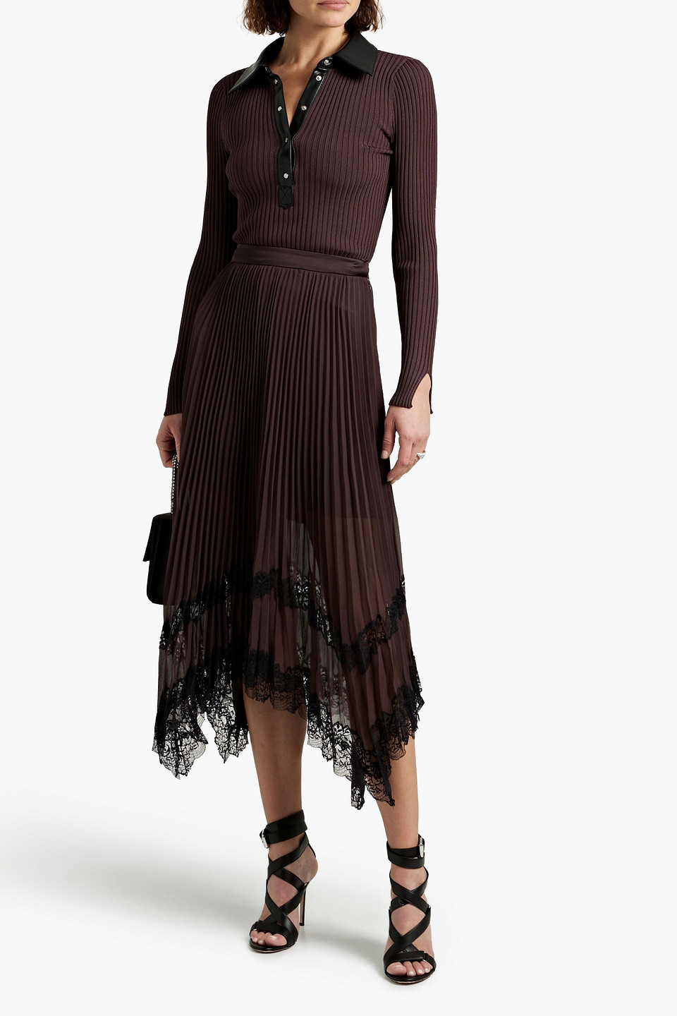 Jonathan Simkhai Lace-trimmed Pleated Chiffon Midi Skirt In Chocolate