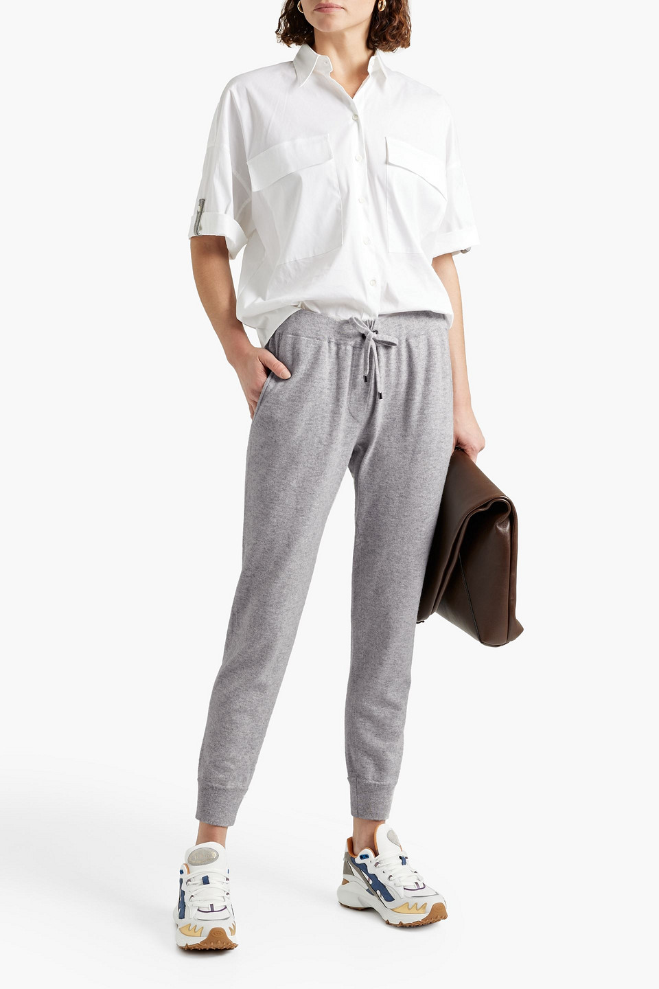 Brunello Cucinelli Tapered Bead-embellished Cashmere Track Pants In Light Gray