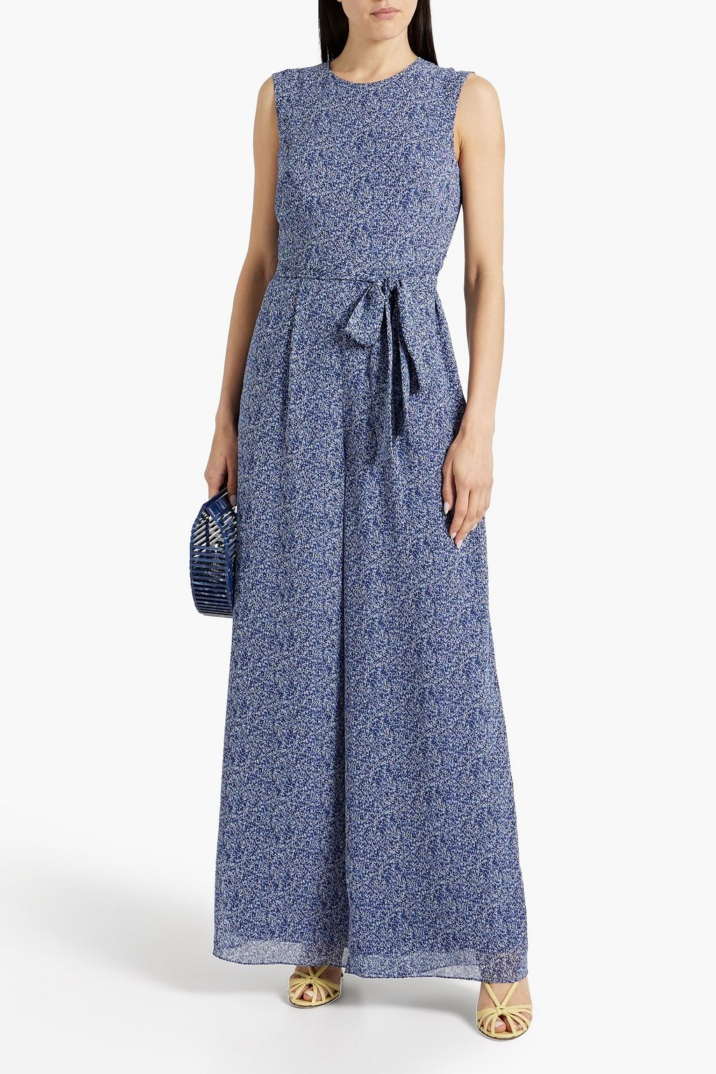 MIKAEL AGHAL Belted pleated printed crepe jumpsuit