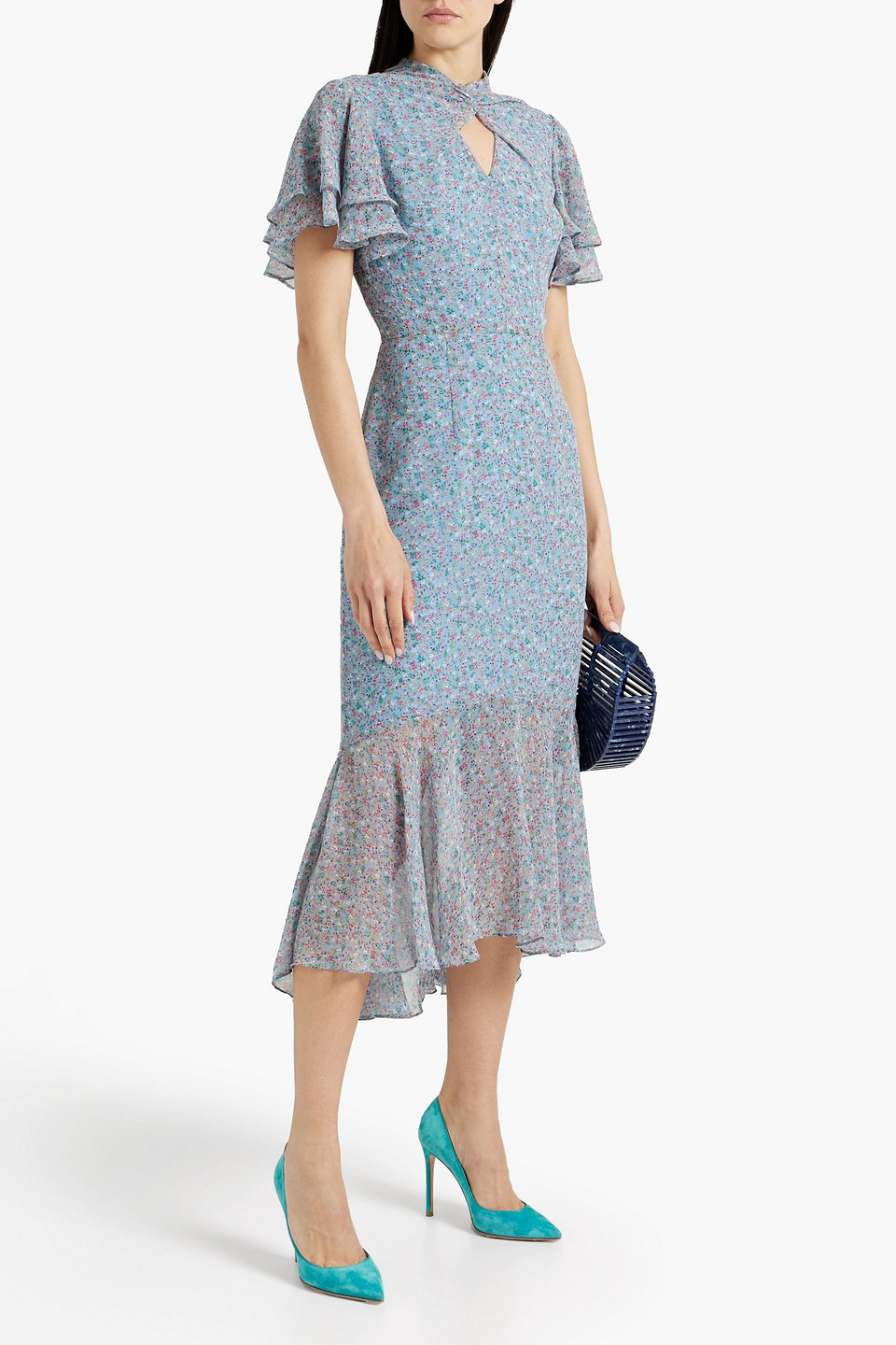 Mikael Aghal Ruffle-trimmed Gathered Crepe De Chine Midi Dress In Light Blue