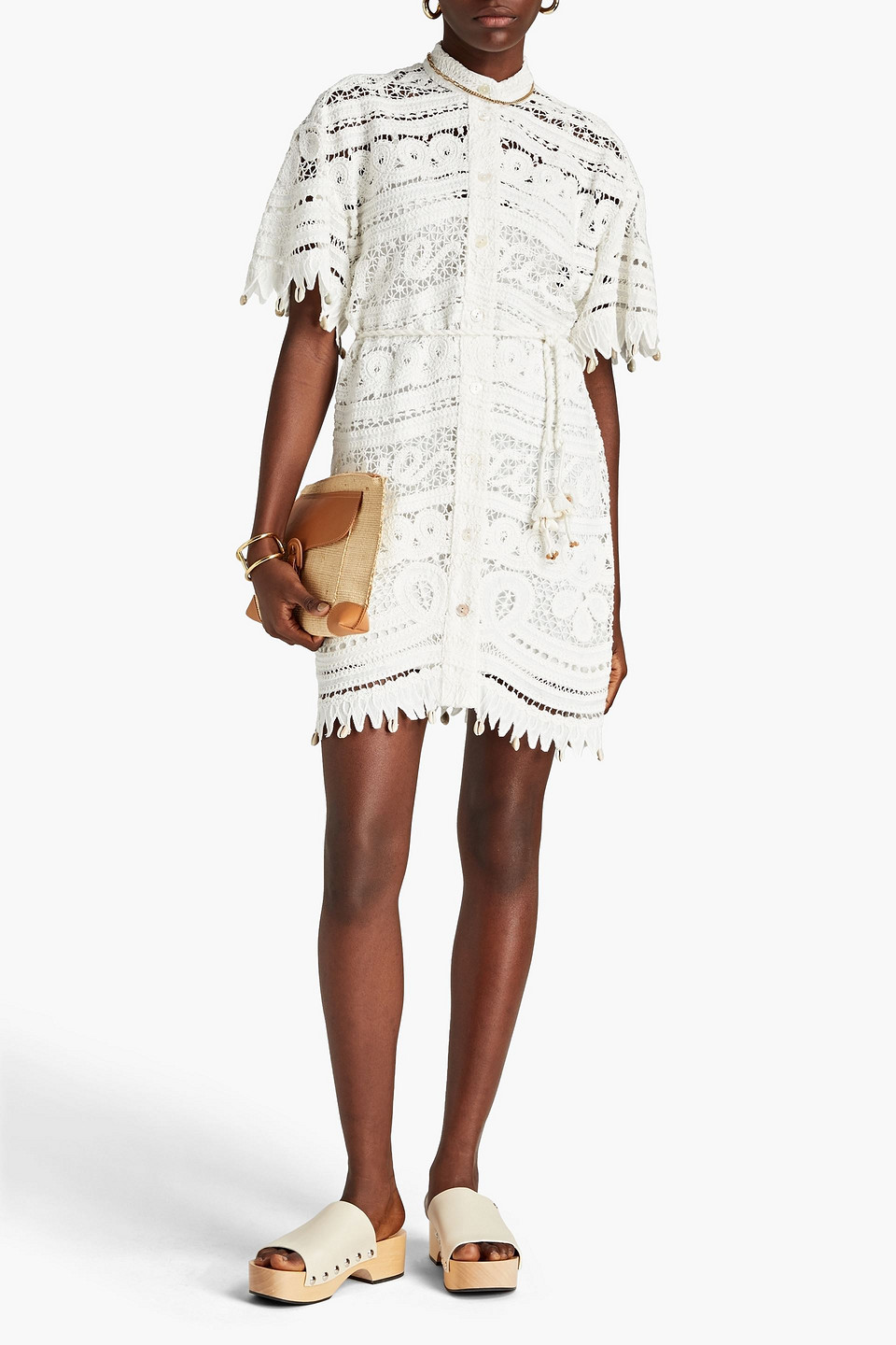 Zimmermann Shelly Belted Crochet Mini Shirt Dress In White