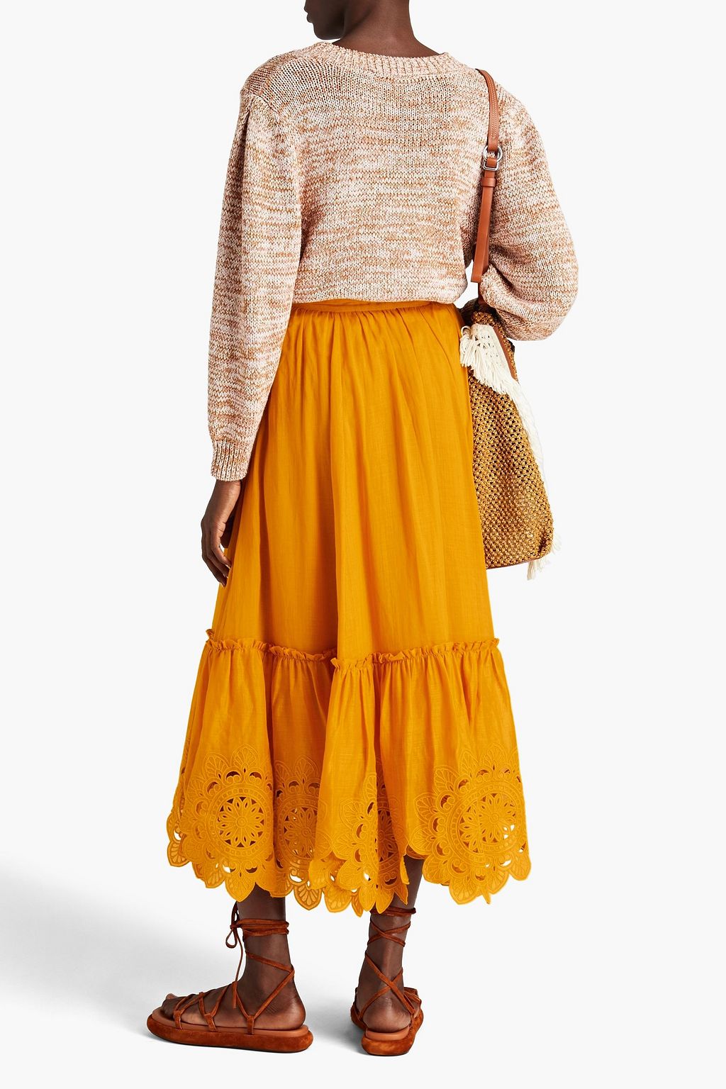 ZIMMERMANN Embroidered ruffle-trimmed ramie wrap skirt