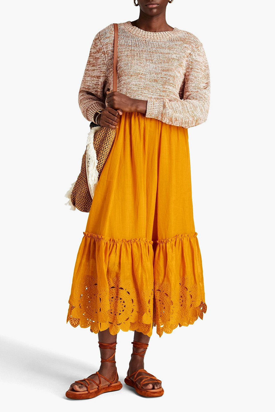 Shop Zimmermann Embroidered Ruffle-trimmed Ramie Wrap Skirt In Mustard