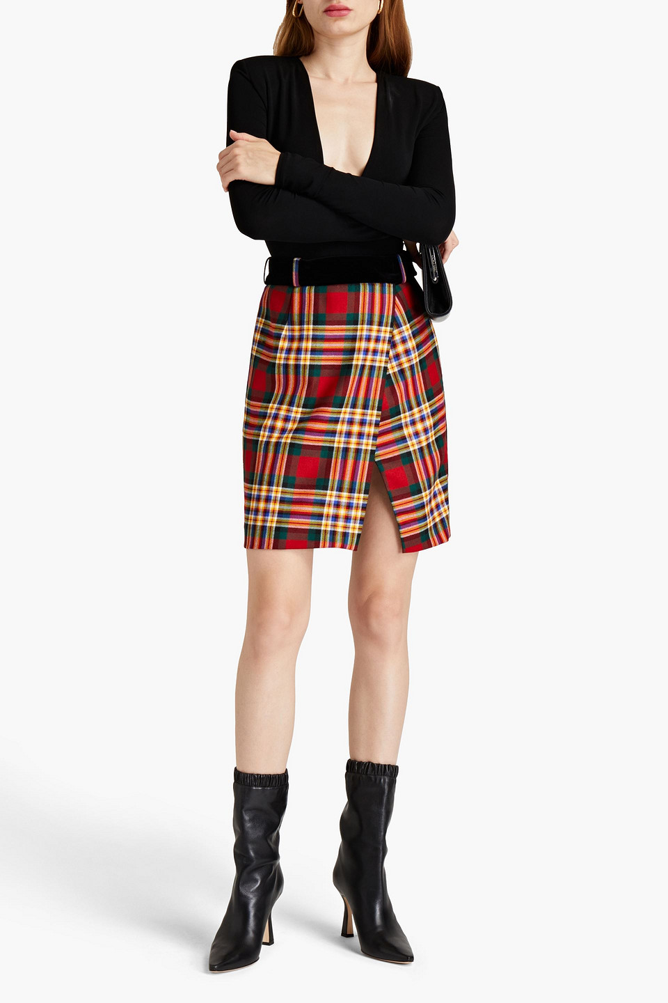 Alexandre Vauthier Velvet-trimmed Checked Wool-twill Mini Wrap Skirt In Multi