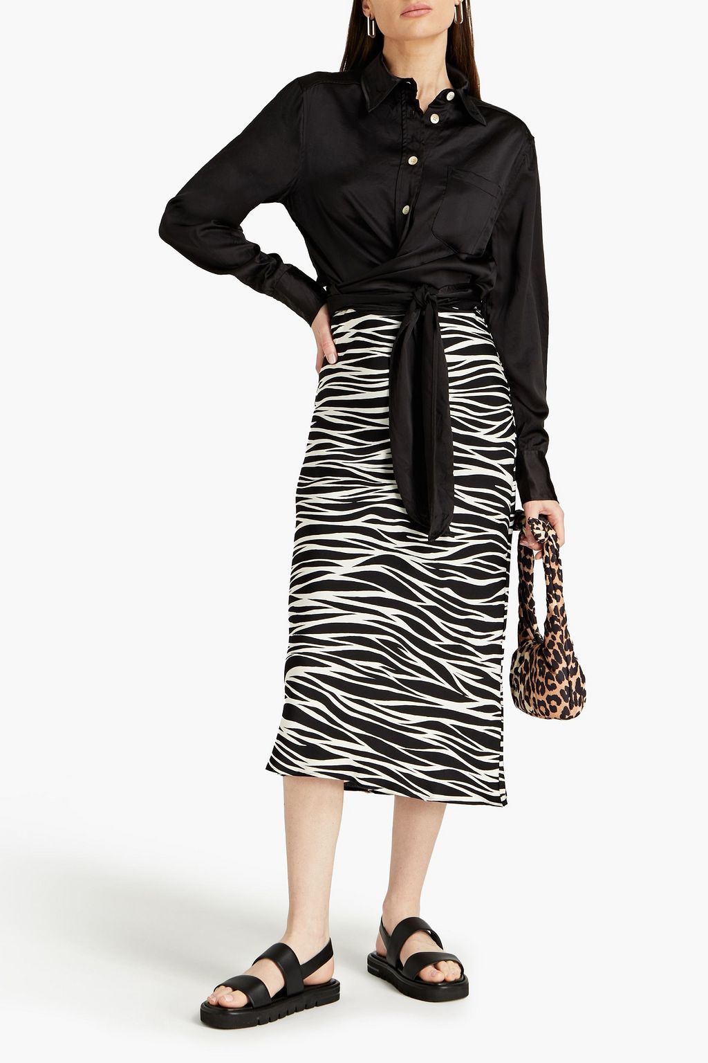 GANNI Tie-front stretch-satin shirt