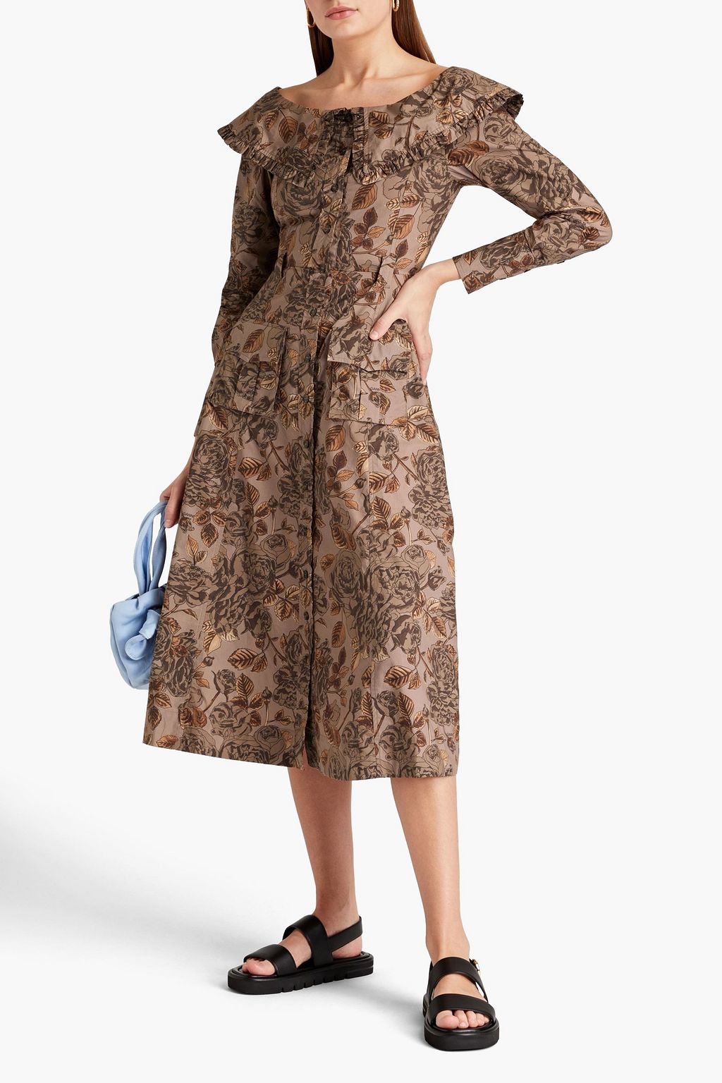 GANNI Ruffle-trimmed floral-print organic cotton-poplin shirt