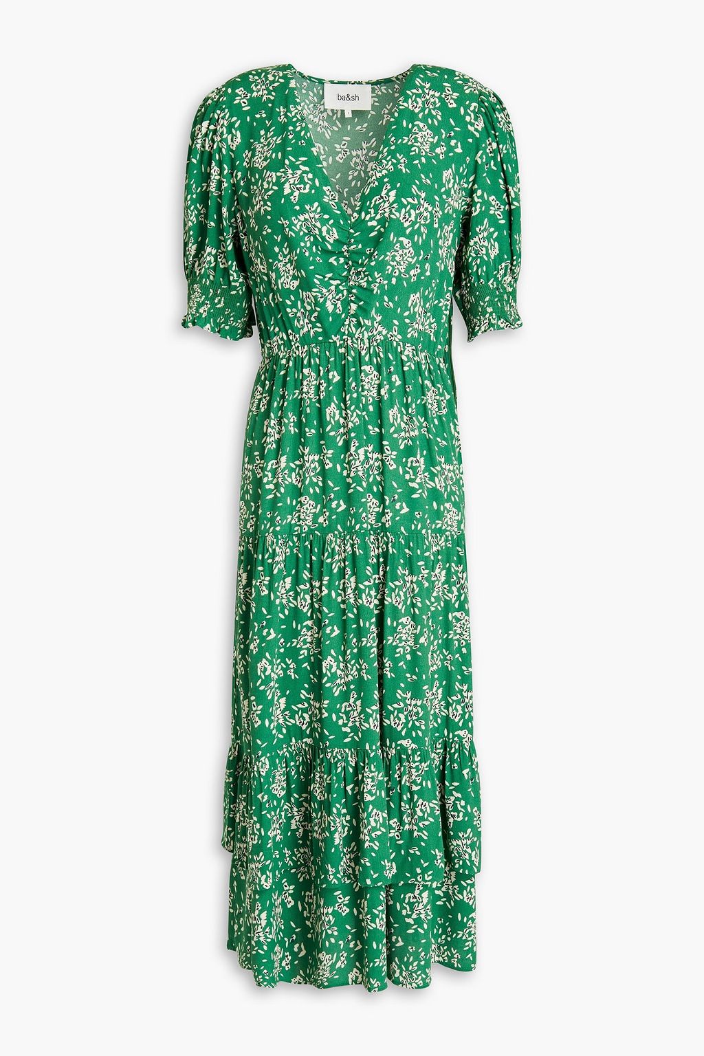 グリーン クレープ ミディワンピース ギャザー プリント入り Ba Sh The Outnet