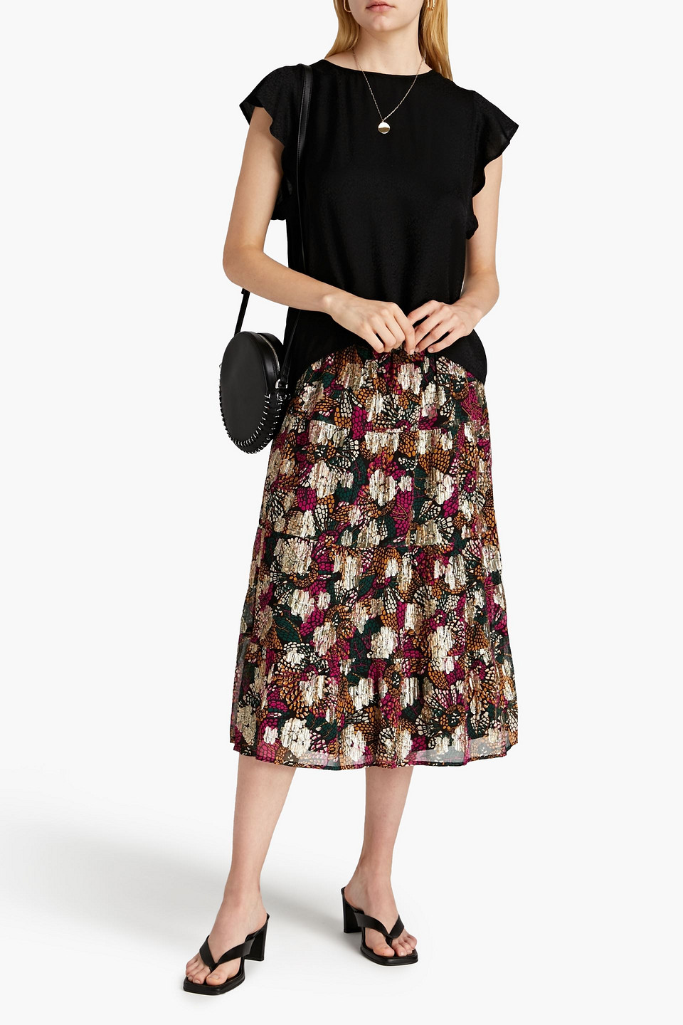 Ba&sh Lana Tiered Printed Metallic Fil Coupé Crepon Midi Skirt In Multi