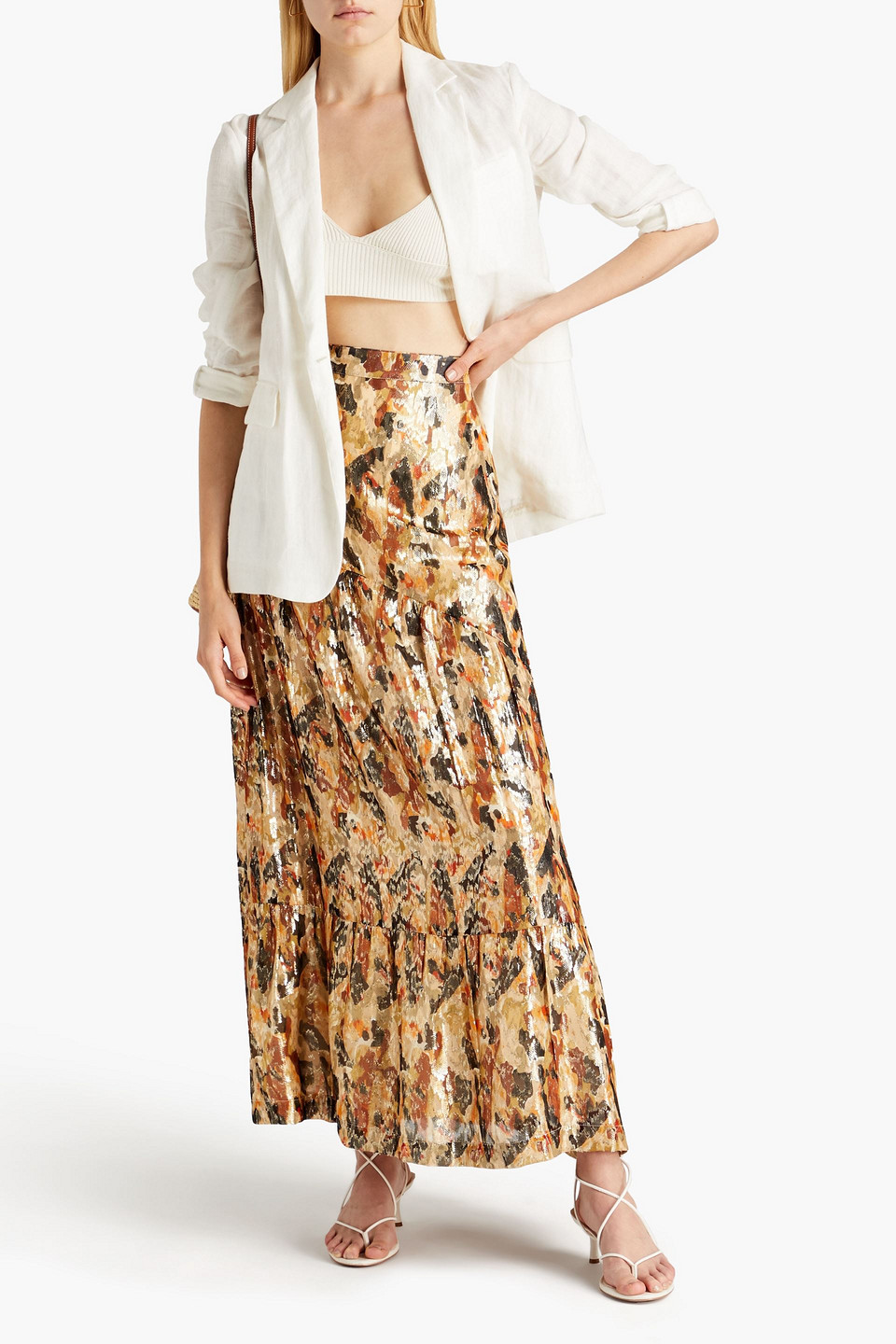 Ba&sh Galina Tiered Printed Fil Coupé Silk-blend Midi Skirt In Mustard