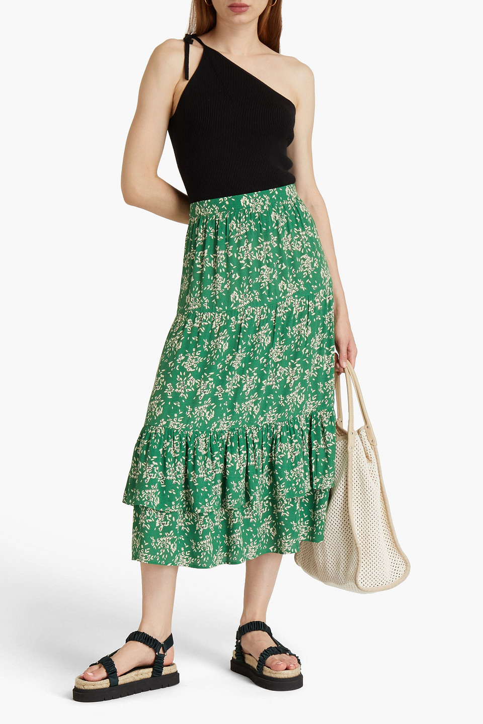Ba&sh Valou Tiered Printed Crepe De Chine Midi Skirt In Green