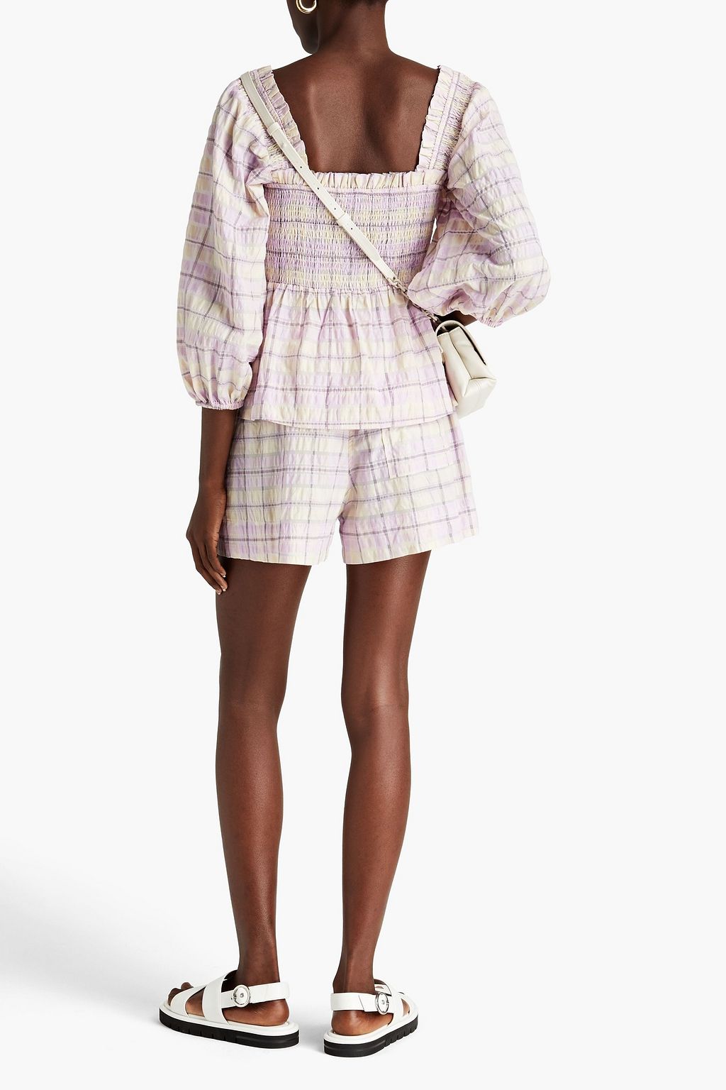 GANNI Checked organic cotton-blend seersucker shorts
