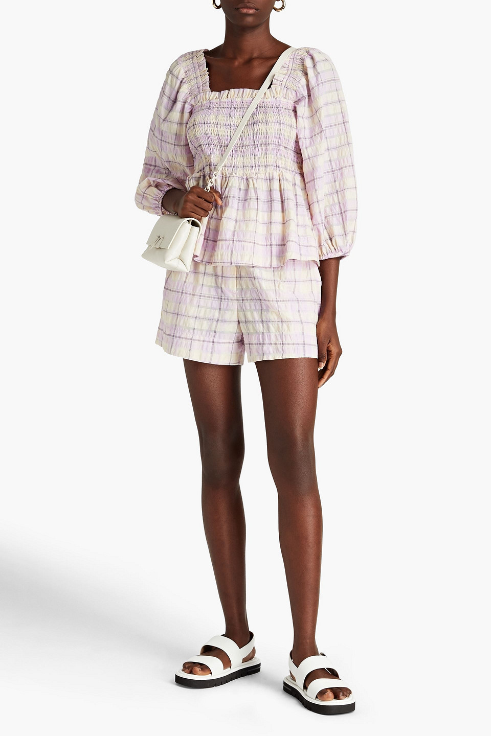 Ganni Checked Organic Cotton-blend Seersucker Shorts In Lilac