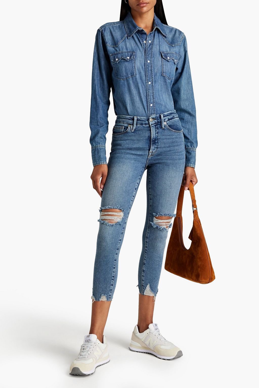 GOOD AMERICAN Hoch sitzende Cropped Skinny Jeans in Distressed-Optik