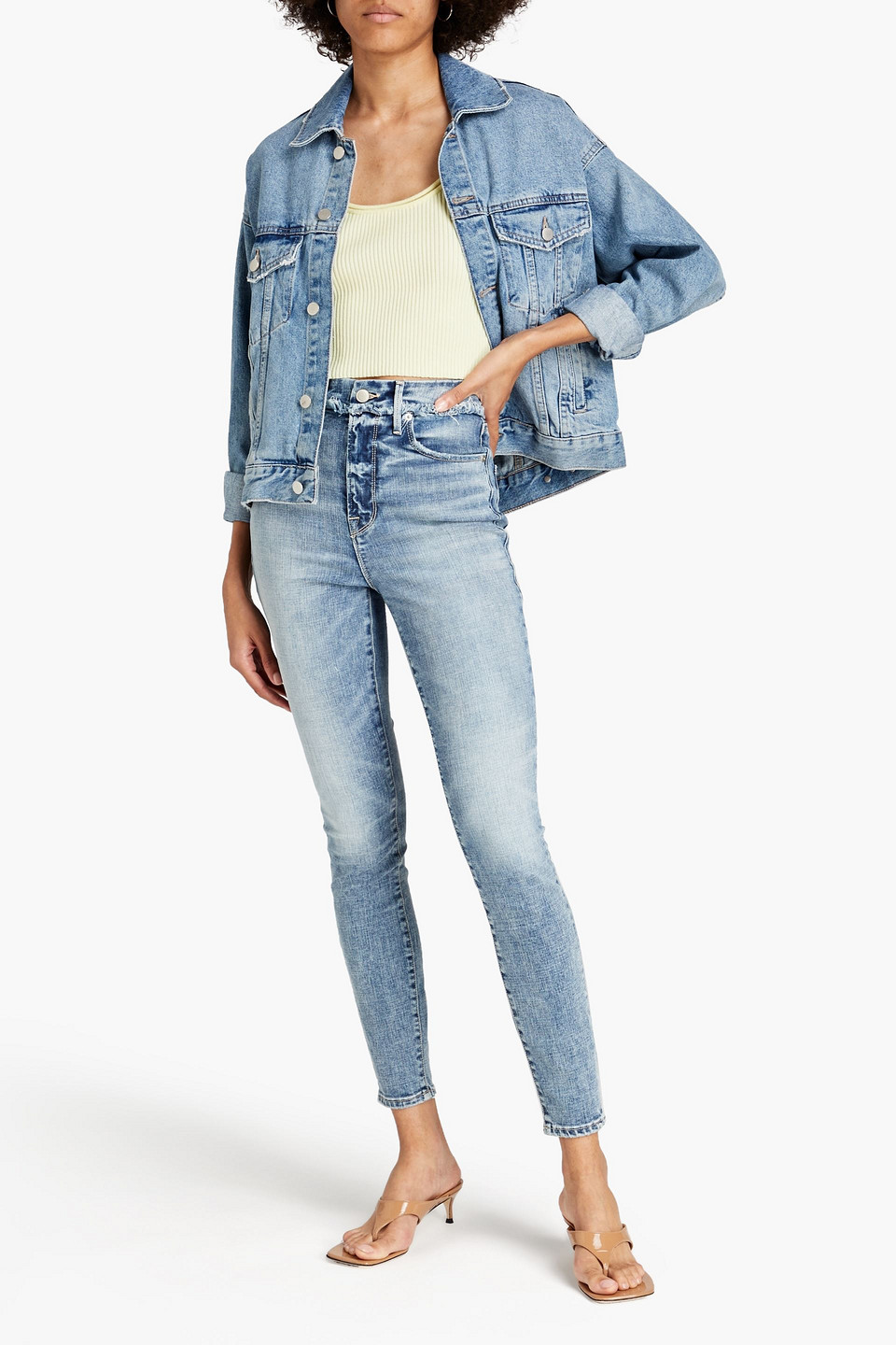 Good American Good Waist Distressed Faded High-rise Skinny Jeans In Mid Denim